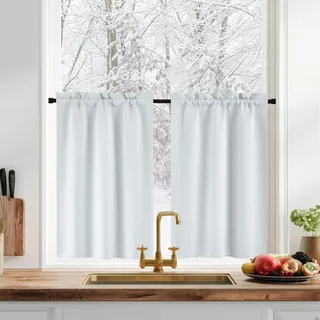 PONY DANCE Bistrogardine Küche Gardine Kurz 2-Set B 60 x H 45 cm Verdunklungsvorhänge Scheibengardinen Blickdicht Vorhänge für Badezimmer Curtain, Grau-weiß