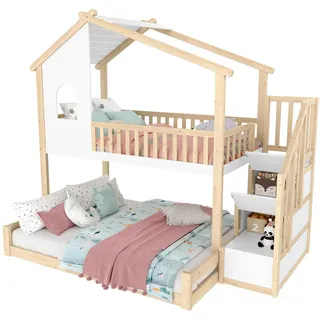 Flieks Etagenbett 90x200cm + 140x200cm Natur + Weiß Stauraumleiter Fenster , Multicolor , Holz , 140x200 cm , Babymöbel & Kindermöbel, Kinderzimmer & Jugendzimmer, Kinderbetten, Spielbetten