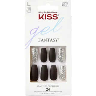 Kiss Gel Fantasy "A Whole New World" Schwarz/Silber lang Mandel Coffin Form - 28 Press On Kunst-Nägel in Salonqualität zum Aufkleben DIY, 2g Nagelkleber, 1 Maniküre-Stäbchen, 1 Mini-Feile