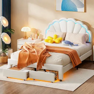 Kinderbett mit Polsterung (140 x 200 cm) mit LED-Beleuchtung und 2 Schubladen, muschelförmigem Kopfteil in Blütenform, Lattenrost - Weiß