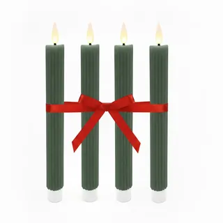 Relaxdays LED Stabkerzen, 4er Set, HxD: 25 x 2 cm, flackernde Flamme, Echtwachs, Rillen, flammenlose Kerzen, Khaki