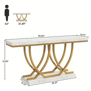 Moderner Beistelltisch – Konsolentisch – Sofentisch – Seitentisch – Wandtisch – Weiß mit goldfarbenem Marmor-Look – 150 cm