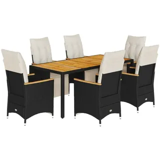 vidaXL 7-tlg. Garten-Bistro-Set mit Kissen Schwarz Poly Rattan - Schwarz