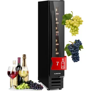 Klarstein Weinkühlschrank, 1 Zonen Getränkekühlschrank, Kleiner Einbau-Weinschrank Schmal, 20L Wein-Kühlschrank mit Glastür, Indoor/Outdoor Flaschenkühlschrank, Wine Fridge 5-22°C, 7 Flaschen - Schwarz