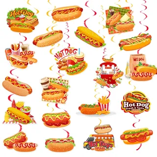 20 Stück Hot Dog hängende Wirbel Hot Dog Spiralen Deckenwirbel Dekorationen Hot Dog hängende Dekorationen für Hot Dog Geburtstagsdekorationen Party Supplies