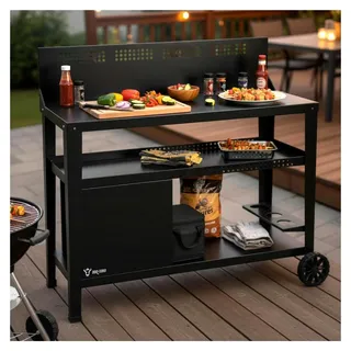 Grillwagen 125 x 57 x 104 cm | Schwarz | Grilltisch mit großer Arbeitsfläche und Windschutz - Schwarz