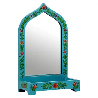Marrakesch Schminkspiegel mit Aufbewahrungsbox aus Holz 38cm | Vintage Standspiegel klein | Orientalischer Kosmetikspiegel mit Organizer als Zimmerdeko - Bunt