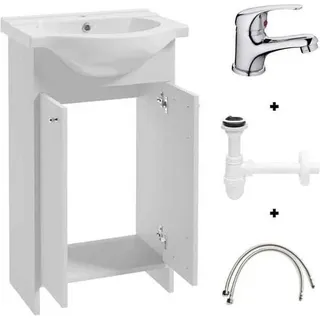 Domodomo Badezimmerschrank mit Waschbecken 85 x 50 x 25,5 cm Stehender Badezimmerschrank und Unterschrank, lackiert, Elegantes Set - Weiß