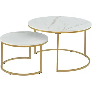 [en.casa] Couchtisch Christchurch 2er Set Marmoroptik, Weiß/Gold