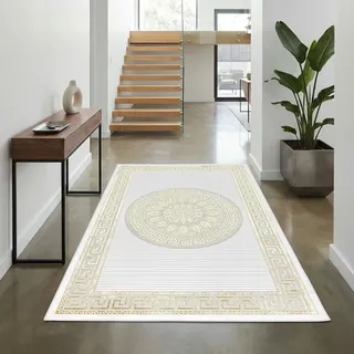 Teppich-Traum Kurzflor Teppich Orient Ornamente Creme Gold 100x200 cm | Pflegeleicht, strapazierfähig, schmutzabweisend, fußbodenheizungsgeeignet, OEKO-TEX geprüft, mit Glanzeffekt, 8 mm Flor