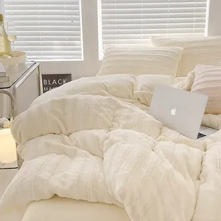 AShanlan Plüsch Bettwäsche 200x200 cm Warm Winterbettwäsche Set Creme Weiß | Winter Bettbezug mit 2 Kissenbezug 80x80 cm, Cashmere Touch, Flauschig Teddy Fleece, Oeko-TEX Zertifiziert, Reißverschluss