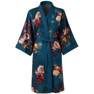Ledamon Damen-Kimono – Kurzes Gewand für Damen – Bademantel mit Taschen und Blumenmuster (Dunkelgrün)