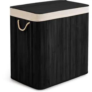 Massido Wäschekorb 3 Fächer 150 L - mit Deckel und Wäschesack - Wäschesammler aus Bambus - Wäschesortierer - Schwarz - 61 x 62 x 42 cm