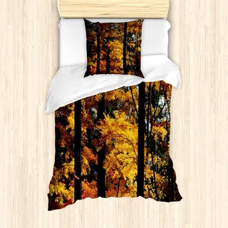 ABAKUHAUS Baum Mantele, Fall Ruhige Land, Milbensicher Allergiker geeignet mit Kissenbezügen, 135 cm x 200 cm - 80 x 80 cm, Dunkelbraun Orange Gelb - Orange