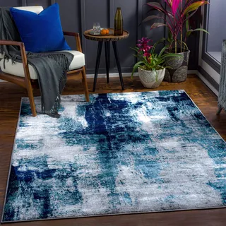 Surya Helsinki Wohnzimmer Teppich modern – Abstrakt Design in Marmor Optik für Wohnzimmer, Esszimmer, Schlafzimmer - Marmor Teppich groß, weicher Teppich Kurzflor 160x220 cm in Hellblau, Tinte Blau