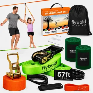 flybold Slackline Kit mit Trainingsleine Baumschutz Ratschenschutz Armtrainer 17,4 m einfache Einrichtung Anleitung (evtl. nicht in deutscher Sprache) und Tragetasche, komplettes Set, Outdoor-Spaß für