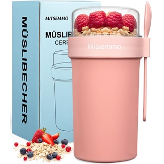 Mitsemmo Müslibecher to Go 760ml+230ml,Müsli Cup to Go Becher,Joghurtbecher to Go mit Löffel,Cornflakes Müslibecher Müslidose Müslischale Frühstücksdose Müslibox,Joghurt to Go Becher (Rosa)