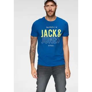 T-Shirt JACK & JONES "JCOKOMPO Kurzarm-Design mit Print und optimaler Passform", Herren, Gr. M, blau (nautic blau), Single Jersey, Obermaterial: 100% Baumwolle, Basic schmal normal, Rundhals, Shirts T-Shirt, Print, modisch, regular fit, Baumwolle, Rundhals