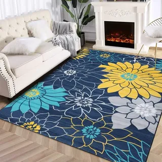Auton Maschinenwaschbarer Blumen-Wohnzimmerteppich Flächenteppich für Schlafzimmer Rutschfester Flacher Küchenteppich Kinderzimmerteppich, für den Innenbereich im Esszimmer Büro, Blau 80 x 150 cm