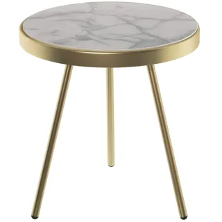 DRW Runder Beistelltisch aus Metall und Holz, in Gold mit simuliertem Marmor-Papier, 42,5 x 45 cm, Tischplatte 9 mm