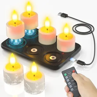 SoulBay LED Teelichter Wiederaufladbar mit Magnet Ladestation, 6 Stück Wasserdichte Aufladbare Teelichter LED Kerzen mit Fernbedienung Timer für Outdoor Garten Zimmer Kürbis Halloween Weihnachten Deko