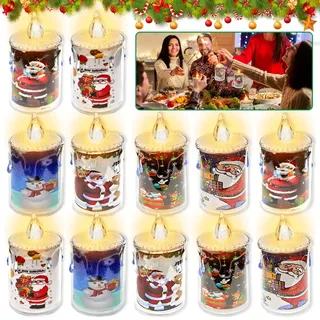 MEISHANG Weihnachtskerzen mit Batterie,12 Stück LED Kerzen,Elektrische Kerzen,Flammenlose Kerzen,Weihnachtsbeleuchtung,weihnachtskerzen mit Motiv,Warme Weiße