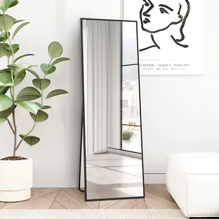 AUFHELLEN Standspiegel mit Schwarz Metallrahmen 150x40cm Ganzkörperspiegel | Rahmen aus Aluminiumlegierung, Gehärtetes Glas, Stehend Lehnend oder Hängend an der Wand für Schlafzimmer, Wohnzimmer Flur