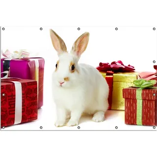 Wallario Outdoor-Poster für Garten oder Balkon, Motiv Süßes Kaninchen mit bunten Geschenken, in ca. 120 x 180 cm - Weiß
