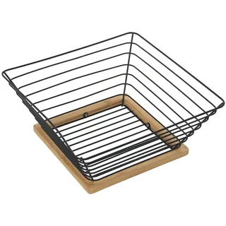 DRW Quadratischer Obstkorb aus Metall und Holz in Schwarz und Natur 25 x 25 x 10 cm, Gitter 15 x 15 cm, Metal, estandar