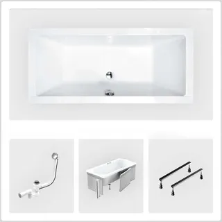 Rechteckige Badewanne - 190 x 90 cm - mit 4-cm-Verkleidung - Füße - Chromablauf - QUADRO SLIM