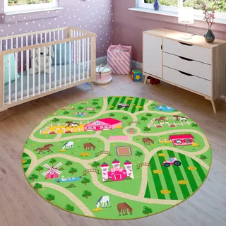 Paco Home Kinderteppich »Bino 560« rund 4 mm Höhe Kurzflor, Straßen-Spiel-Teppich, Motiv Bauernhof, Kinderzimmer, grün