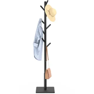 YheenLf Garderobenständer Massivholz, Kleiderständer für Kleidung, Hüte, Jackenständer für Eingang, Wohnzimmer, 8 Haken, 3 verstellbare Höhen, Schwarz, 30x30x180cm