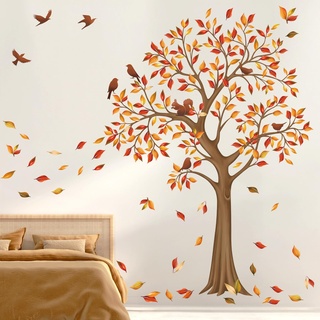 decalmile Wandtattoo Baum Groß Herbst Wandaufkleber Herbstbaum Blätter Vögel Wandsticker Kinderzimmer Schlafzimmer Wohnzimmer Wanddeko