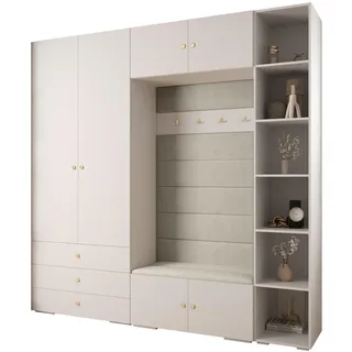 Abiks Möbel Garderoben-Set 236,7/240/47 , Weiß, Beige, Goldfarben , Metall , Nachbildung , 13 Fächer , 240x236.7x47 cm , Garderobe, Garderoben-Sets & Garderoben-Serien, Garderoben-Sets