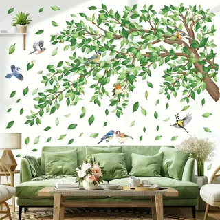 decalmile Wandsticker Baum Ast Groß Grün Wandtattoo Blätter Grün Pflanzen Vögel Wandaufkleber Schlafzimmer Wohnzimmer Sofa Hintergrund Wanddeko