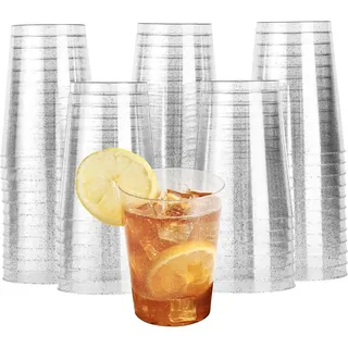 MATANA 60 Hartplastik Partybecher mit Silberglitzer (285ml / 10oz) - Plastikbecher, Trinkbecher, Kunststoffbecher für Geburtstage, Hochzeiten & Partys - Stabil & Mehrweg