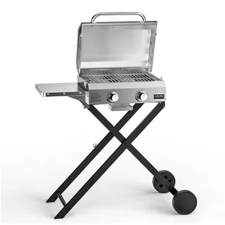 onlyfire 2-Brenner Gasgrill Klein aus Edelstahl 4,7 kW mit Faltbarem Wagen, Seitenablagen und Grillrost, Gartengrill, Outdoor Gasgrill für Balkon Camping