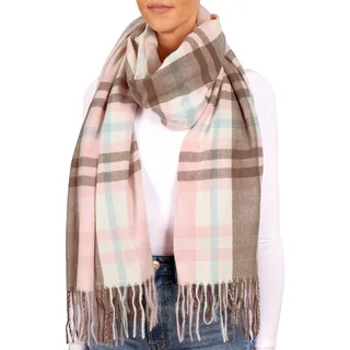 BRUBAKER Cashmirillo Schal für Damen und Herren - 70 x 200 cm - Warm und Kuschelig - Wollschal für Herbst und Winter, Rosa, Blau und Beige Kariert - Rosa, Blau