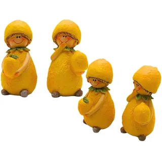 Dekohelden24 4 Stück Dekofiguren, Gartenfiguren als Zitrone, Früchtefiguren als Zitrone, Sommerfiguren, Zitronenfiguren, Zitronenkinder aus Keramik im 4er Set in Gelb, Größe einer Figur: L/B/H 4 x 4 x 6 cm.