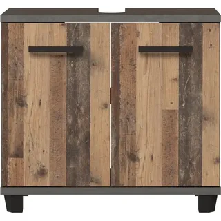 Waschbeckenunterschrank >Veris< 2 Türen, Old-Wood Vintage Nachbildung / Betonoptik - 68,6x62x34,8cm B/H/T