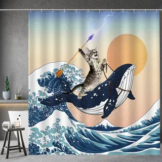 Aimego Duschvorhang 183 x 183 cm mutige Katze reitender Hai
