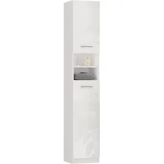 Badezimmerschrank Hochschrank 180 cm - Schmal Badschrank Aufbewahrungsschrank mit Tür Griff Badregal für Bad Waschküche WC Platzsparend Modern Rechts Links Montierbar – Weiß Glanz - Weiß