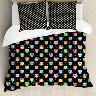 ABAKUHAUS Eulen Bettbezug, Lustige Confused Ernst, Milbensicher Allergiker geeignet mit Kissenbezügen, 155 cm x 220 cm - 80 x 80 cm, schwarz Multicolor - Schwarz