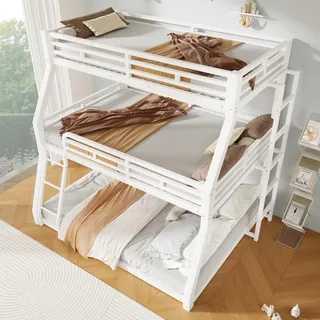 MODFU Dreifach-Etagenbett 90 x 200 / 120 x 200 / 140 x 200 cm,Metallbett Jugendbett mit 3 Schlafebenen,Kinderbett mit Leitern,ohne Matratze, Weiß - Weiß