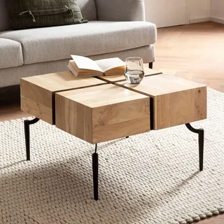 FineBuy Couchtisch Akazie Natur Massivholz quadratisch 60x60 cm · moderner Wohnzimmertisch 4 Blocks · Design Tisch mit Metallbeinen im Industrial - Braun