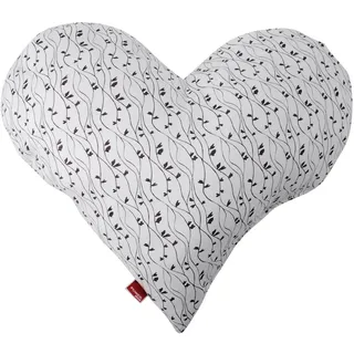 POWER INN Herzkissen groß ca. 50x43cm | Geschenk zur Hochzeit, Muttertag oder Valentinstag | Dekokissen und Kuschelkissen in Herzform | Stoff 100% Baumwolle | (Weiß mit schwarzen Blätterranken)