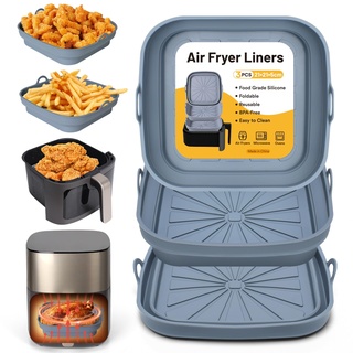 Alyvisun Silikonform für Heißluftfritteuse 3 Stück Airfryer Silikon Backform Wiederverwendbar Silikoneinsatz Quadratisch Silikonmatte Liners Zubehör für Air Fryer, Mikrowelle, Ofen, Silicone, Grau