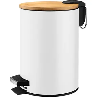 Badezimmer-Abfallbehälter 3 l DASTIN weiß pulverbeschichteter Stahl Klappdeckel Bambus