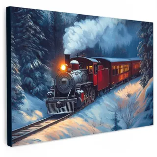 MuchoWow Leinwandbild Zug - Weihnachten - Schnee - Weihnachtszug Wanddeko 90x60 cm , Anthrazit , Textil , Kiefer , Rechteckig , 90x60 cm , FSC 100% , gerahmt , Bilder & Rahmen, Bilder, Leinwandbilder