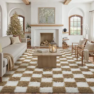 HUGEAR Kariert Flauschig Teppich Wohnzimmer 200x300cm Braun Weiß Shaggy Carpet